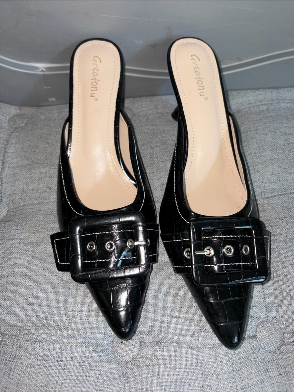 Greatonu Black Croc-Embossed Pointed Buckle Mules